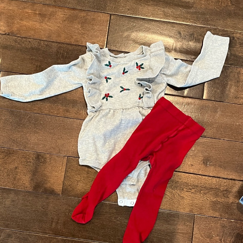 Gray Ruffled Baby Romper with Red Tights